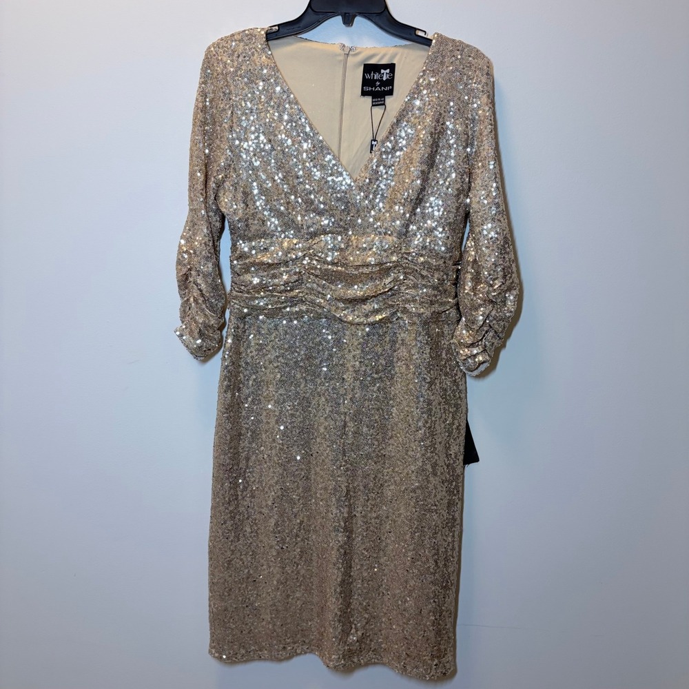 White Tie by Shani Gold Sequin V-Neck Ruched Waist Cocktail Dress Size 10
